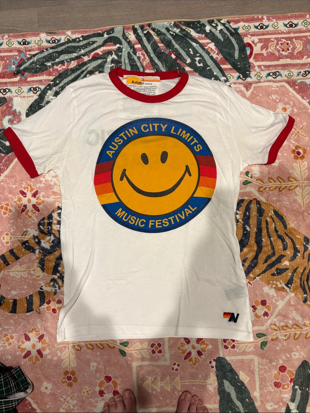 Aviator Nation White Women’s Ringer Tee with Red Trim and Yellow Smiley